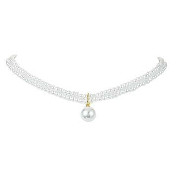 ABS Plastic Imitation Pearl Beaded Chains Double Layer Necklaces, with Round Charms, White, 15.55 inch(39.5cm)
