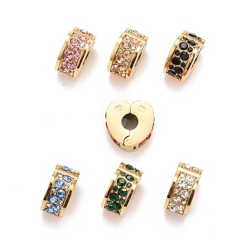 304 Stainless Steel European Clasps, with Rhinestone, Large Hole Beads, Golden, Heart, Mixed Color, 11x11x5.5mm, Hole: 3.5mm