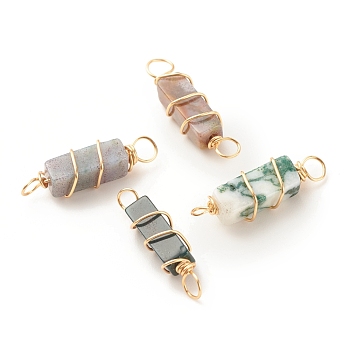 Natural Indian Agate Connector Charms, with Golden Tone Copper Wire Wrapped, Cuboid, 22~23.5x6~7x5.5~6mm, Hole: 2.5~3.2mm