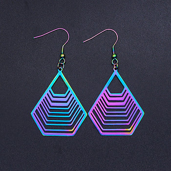 201 Stainless Steel Dangle Earrings, Polygon, Rainbow Color, 64x32.5mm, Pin: 0.7mm