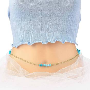Summer Jewelry Waist Bead, Synthetic Turquoise Chips & Glass Seed Beaded Body Chain, Bikini Jewelry for Woman Girl, Golden, 31.50~31.69 inch(80~80.5cm)