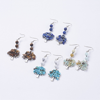 Natural & Synthetic Gemstone Dangle Earrings, with Brass Earring Hooks, Tibetan Style Pendants, Tree, 67mm, Pin: 0.6mm