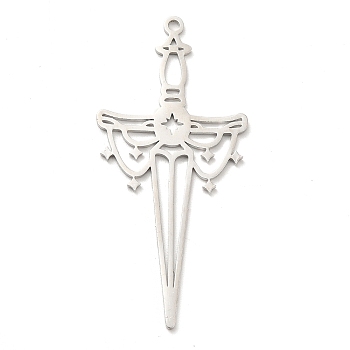 201 Stainless Steel Big Pendants, Sword Charms, Stainless Steel Color, 50x23x1mm, Hole: 1.6~1.8mm