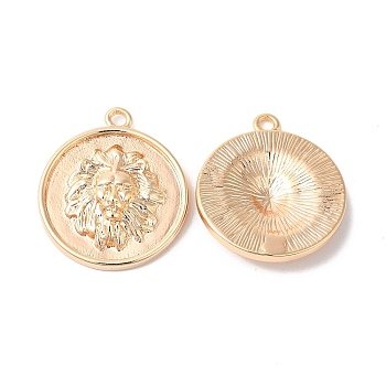 Brass Pendants, Flat Round with Lion Charm, Real 18K Gold Plated, 23.5x20x4mm, Hole: 1.8mm