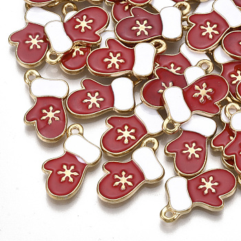 Enamel Pendants, with Alloy Findings, Glove, Light Gold, Red, 19x10.5x2mm, Hole: 1.6mm