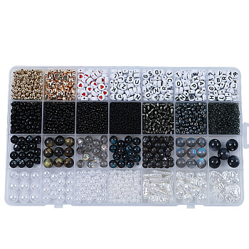 DIY 28 Style Resin & Acrylic & ABS Beads Jewelry Making Finding Kit, Flat Round & Rice & Barrel & Nugget & Heart & Strip, Black, 5.5~18.5x7~14x2~12x1.5~11mm, Hole: 0.7~2mm