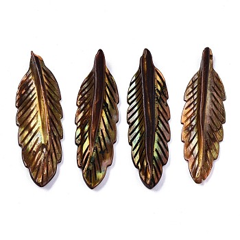 Natural Freshwater Shell Pendants, Dyed, Carved, Feather, Goldenrod, 42~43x12~13x4.5mm, Hole: 1.5mm
