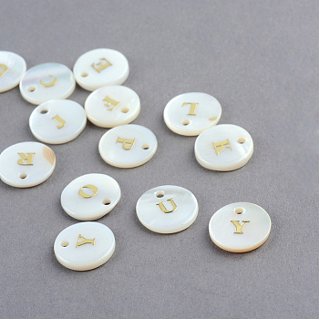 Freshwater Shell Pendants, Flat Round with Gold Blocking Letter, Random Letter A~Letter Z, Mixed, 11.5x2mm, Hole: 1.5mm