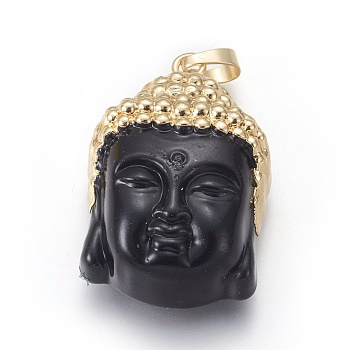 Glass Pendants, with Brass Findings, Buddha Head, Golden, Black, 40x26.5x16.5mm, Hole: 5x8mm