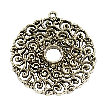 Tibetan Style Alloy Hollow Flat Round Big Pendants, Cadmium Free & Lead Free, Antique Silver, 53x49x2mm, Hole: 3mm