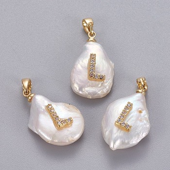 Natural Cultured Freshwater Pearl Pendants, with Brass Micro Pave Cubic Zirconia Findings, Nuggets with Letter, Long-Lasting Plated, Golden, Clear, Letter.L, 17~27x12~16x6~12mm, Hole: 4x2.5mm