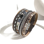 Braided Imitation Leather Crod Multi-strand Bracelets for Women, Rhinestone Beads Bracelets with Magnetic Clasps, Gainsboro, 7-5/8 inch(19.5cm)(PW-WGA1EC1-01)