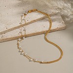 304 Stainless Steel with Round Shell Pearl Link Chain Double Layer Necklaces for Women, Ion Plating(IP), Cadmium Free & Nickel Free & Lead Free, White, Real 18K Gold Plated, 32.48 inch(82.5cm)(NJEW-G181-04G)