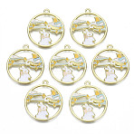 Eco-Friendly Alloy Enamel Pendants, Cadmium Free & Lead Free, Ring with Rabbit, Light Gold, Creamy White, 30x27x1mm, Hole: 1.8mm(X-PALLOY-N162-002-RS)