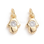 Religion Theme, Brass Micro Pave Cubic Zirconia Pendants, with Jump Ring, Cadmium Free & Lead Free, Long-Lasting Plated, Hamsa Hand/Hand of Fatima/Hand of Miriam, Clear, Golden, 9x6x2.5mm, Hole: 2.5mm(ZIRC-G165-05G)