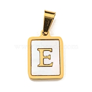 PVD Vacuum Plating 304 Stainless Steel Pave Natural White Shell Pendants, Rectangle with Letter Charms, Golden, Letter E, 17.5x12x1.5mm, Hole: 6x3mm(STAS-S130-03G-E)