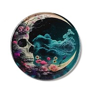 Opaque Acrylic Pendants, Flat Round with Moon and Skull, Pale Turquoise, 37.5~38x2mm, Hole: 1.6mm(OACR-Z007-04E)