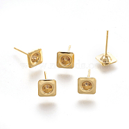 304 Stainless Steel Ear Stud Components, Square, Golden, 13mm, Square: 6x6x2mm, Tray: 3mm, Pin: 0.7mm(X-STAS-G187-13G)