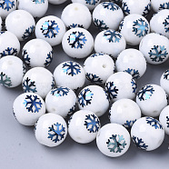 Christmas Opaque Glass Beads, Round with Electroplate Snowflake Pattern, Blue Plated, 10mm, Hole: 1.2mm(EGLA-R113-01F)