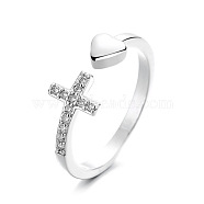 Crystal Rhinestone Cross & Heart Open Cuff Ring, Alloy Jewelry for Women, Platinum, Inner Diameter: 18mm(RELI-PW0003-04P)