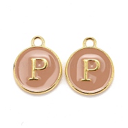 Golden Plated Alloy Enamel Charms, Cadmium Free & Lead Free, Enamelled Sequins, Flat Round with Letter, Wheat, Letter.P, 14x12x2mm, Hole: 1.5mm(ENAM-S118-06P)