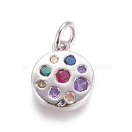 Brass Micro Pave Cubic Zirconia Charms, Flat Round, Colorful, Platinum, 9.5x3mm, Hole: 3mm(ZIRC-E145-75P)