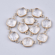 Natural Quartz Crystal Links Connectors, Rock Crystal, with Brass Findings, Square, Golden, 21x13x5~5.5mm, Hole: 2.5mm(X-G-S344-69M)