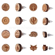 Natural Wood Stud Earrings, with Stainless Steel Stud Earring Findings and Ear Nuts, Mixed Shapes, Bisque, 7pairs/box(EJEW-SC0001-21P)