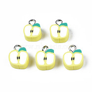 Handmade Polymer Clay Charms, with Platinum Plated Iron Loop, Imitation Food, Apple, Yellow, 11~13x9~10x5mm, Hole: 1.8mm(CLAY-N006-42)