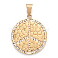 304 Stainless Steel Pendants, with Crystal Rhinestone, Textured, Peace Sign, Golden, 43x38x3mm, Hole: 6.5x12mm(STAS-K214-01G)