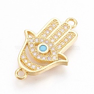 Brass Micro Pave Cubic Zirconia Links, Long-Lasting Plated, Hamsa Hand/Hand of Fatima/Hand of Miriam, Lead Free & Nickel Free & Cadmium Free, Clear, Real 18K Gold Plated, 22x14x2mm, Hole: 1mm(X-ZIRC-O026-18G-NR)