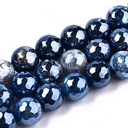 Electroplate Natural Agate Beads Strands, Dyed, Faceted, Pearl Luster Plated, Round, Marine Blue, 10.5mm, Hole: 1.2mm, about 36~37pcs/strand, 14.37 inch~14.57 inch(36.5cm~37cm)(G-T131-55-22)