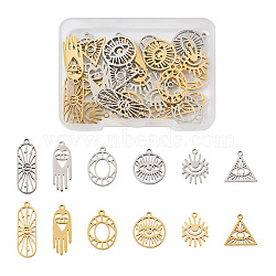 24Pcs 12 Style 304 Stainless Steel Pendants, Triangle & Oval & Flat Round & Hamsa Hand with Evil Eye, Golden & Stainless Steel Color, 15~27x8.5~15x1mm, Hole: 1.5mm, 2pcs/style(FIND-TA0001-89)