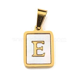 PVD Vacuum Plating 304 Stainless Steel Pave Natural White Shell Pendants, Rectangle with Letter Charms, Golden, Letter E, 17.5x12x1.5mm, Hole: 6x3mm(STAS-S130-03G-E)