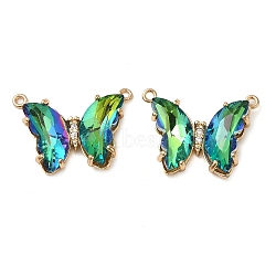 Brass Pave Faceted Glass Connector Charms, Golden Tone Butterfly Links, Spring Green, 17.5x23x5mm, Hole: 0.9mm(FIND-Z020-03S)