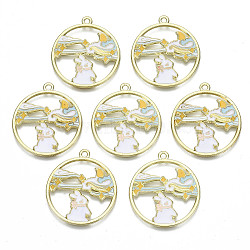 Eco-Friendly Alloy Enamel Pendants, Cadmium Free & Lead Free, Ring with Rabbit, Light Gold, Creamy White, 30x27x1mm, Hole: 1.8mm(X-PALLOY-N162-002-RS)