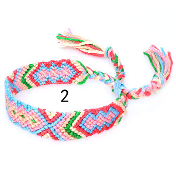 Cotton Braided Rhombus Pattern Cord Bracelet, Ethnic Tribal Adjustable Brazilian Bracelet for Women, Pink, 5-7/8~14-1/8 inch(15~36cm)