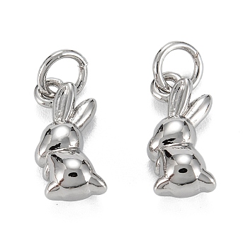 Brass Charms, with Jump Ring, Long-Lasting Plated, Lead Free & Nickel Free & Cadmium Free, Rabbit, Real Platinum Plated, 13x6x4.5mm, Jump Ring: 5x1mm, 3.5mm Inner Diameter