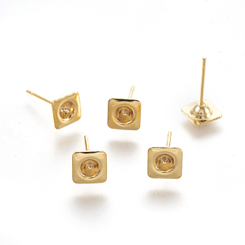 304 Stainless Steel Ear Stud Components, Square, Golden, 13mm, Square: 6x6x2mm, Tray: 3mm, Pin: 0.7mm