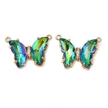 Brass Pave Faceted Glass Connector Charms, Golden Tone Butterfly Links, Spring Green, 17.5x23x5mm, Hole: 0.9mm