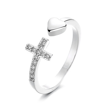 Crystal Rhinestone Cross & Heart Open Cuff Ring, Alloy Jewelry for Women, Platinum, Inner Diameter: 18mm