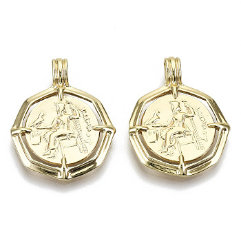 Brass Pendants, Nickel Free, Octagon with Human, Real 18K Gold Plated, 27x21x1.5mm, Hole: 3x4mm