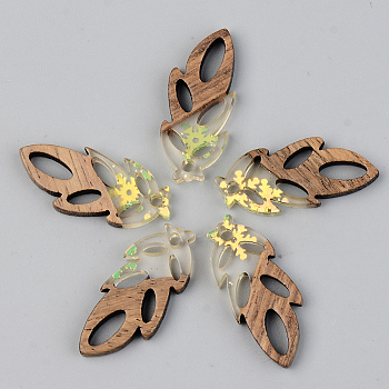 Transparent Resin & Walnut Wood Pendants, with Glitter Sequins/Paillette, Leaf with Snowflake, Green Yellow, 28x11.5x3mm, Hole: 1.8mm