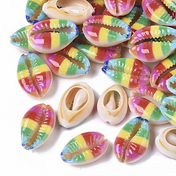 Printed Natural Cowrie Shell Beads, No Hole/Undrilled, Rainbow Style, Colorful, 18~21x12~15x7mm