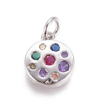 Brass Micro Pave Cubic Zirconia Charms, Flat Round, Colorful, Platinum, 9.5x3mm, Hole: 3mm