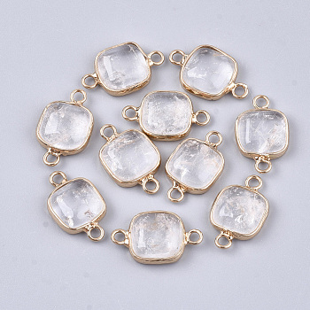 Natural Quartz Crystal Links Connectors, Rock Crystal, with Brass Findings, Square, Golden, 21x13x5~5.5mm, Hole: 2.5mm