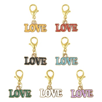8Pcs 8 Colors Alloy Enamel Pendant Decorations, with Lobster Claw Clasps, Golden, Word LOVE, Mixed Color, 20mm