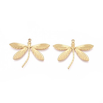 Ion Plating(IP) 304 Stainless Steel Pendants, Dragonfly Charms, Real 18K Gold Plated, 28x35x1.5mm, Hole: 1.5mm