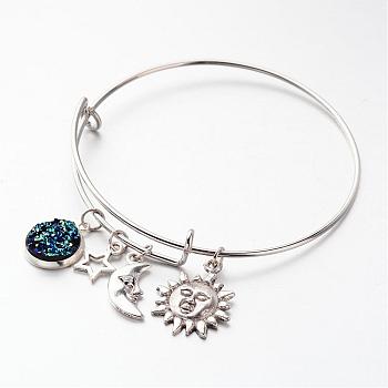 Adjustable Iron Bangles, with Resin Pendants and Alloy Charms, Sun, Moon and Star, Platinum & Antique Silver, 64mm