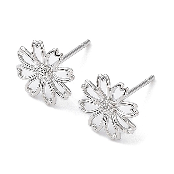 Brass Stud Earrings, Flower, Real Platinum Plated, 9x9mm